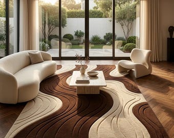 Abstract golvend bruin crème handgetuft vloerkleed, modern 3D-gestructureerd wervelend tapijt voor woonkamer, slaapkamer, minimalistisch decor uit het midden van de eeuw.