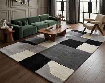 Modern Geometric Rug, Large Abstract Hand Tufted Area Rug, Contemporary Black Grey White Office Floor Mat, Minimalist Custom Luxury Decor.