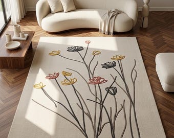 Hand Tufted Floral Rug, Modern Minimalist Area Rug for Living Room, Cream Botanical Accent Carpet, Boho Nursery Decor, Custom Soft Wool Rug.