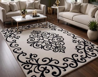 Modern zwart-wit damast handgetuft tapijt, crème luxe woonkamertapijt, zacht gesneden pool op maat gemaakt vloerkleed voor slaapkamer.
