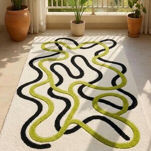 Modern Abstract Wave Hand Tufted Rug Cream Black Green, 3D Textured Aesthetic Area Rug for Bedroom, Custom Luxury Wool Carpet.
