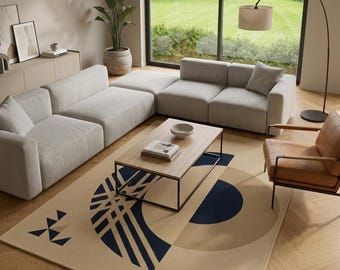 Modern geometrisch vloerkleed, marineblauw en beige handgetuft wollen tapijt, minimalistisch abstract woonkamervloerdecor, op maat gemaakt groot vloerkleed voor slaapkamer