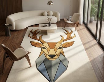 Handgetuft tapijt hertenkop, modern cabinebosdecor, neutraal crèmekleurig vloerkleed voor woonkamer, tapijt dierenkunst uit het midden van de eeuw.