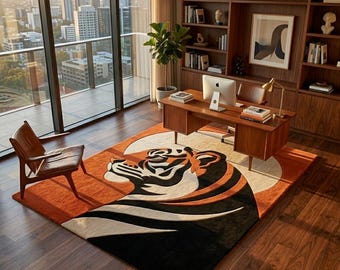 Handgetuft tijgertapijt oranje zwart statement-tapijt uit het midden van de eeuw modern maximalistisch decor gedurfd tapijt met dierenprint op maat gemaakt vloerkleed woonkamer.