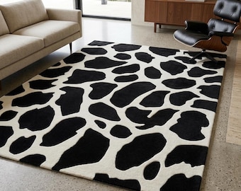 Hand Tufted Area Rug, Black and White Organic Pattern Modern Decor, Soft Wool Living Room Carpet, Unique Animal Print Style Rug for Bedroom.