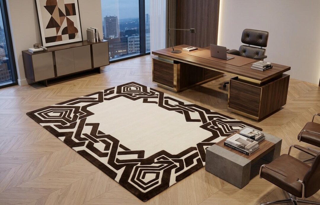 Deco Border Rug Modern Interlocking Geometric Border Rug, Espresso & Ivory Large Area ...