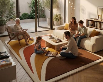 Hand Tufted Wavy Area Rug, Retro Mid Century Modern Living Room Decor, Abstract Geometric Floor Carpet, Terracotta Mustard Brown Rug.