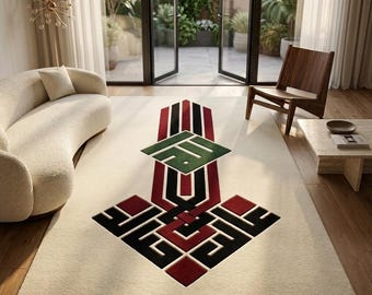 Modern kalligrafietapijt, geometrisch getuft vloerkleed, luxe boho woonkamertapijt, minimalistisch neutraal vloerdecor, op maat gemaakt nachtkastje.