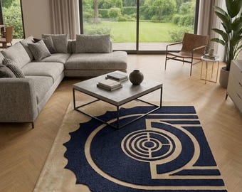 Handgetuft geometrisch tapijt, marineblauw en beige abstract vloerkleed, modern op maat getuft tapijt uit het midden van de eeuw voor woonkamer, esthetisch decor.