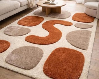 Modern abstract handgetuft tapijt, terracotta en beige vloerkleed, geometrisch woonkamertapijt uit het midden van de eeuw, decor slaapkamervloer zacht getextureerd.