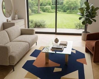 Abstract geometrisch vloerkleed Bauhaus handgetuft tapijt marineblauw en terracotta halverwege de eeuw moderne woonkamer op maat gemaakt tapijt.