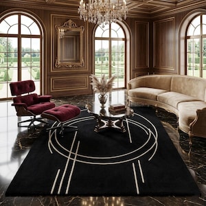 Modern Black & Cream Interlocking Circles Area Rug - High Pile Tufted Minimalist Geometric Loft Bedroom Carpet, Art Deco Linear Pattern.