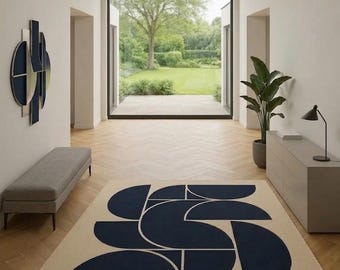 Modern marineblauw geometrisch tapijt uit het midden van de eeuw, handgetuft beige abstract vloerkleed voor woonkamer, minimalistisch getuft wollen tapijt.