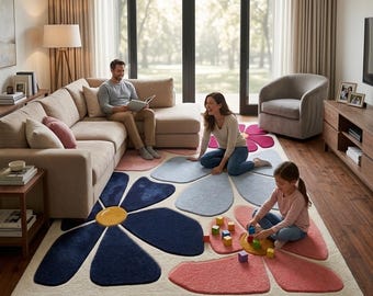 Retro bloemen handgetuft tapijt kleurrijk jaren 70 groovy madeliefje vloerkleed custom esthetiek kamerinrichting maximalistisch slaapkamertapijt schattige vloermat.