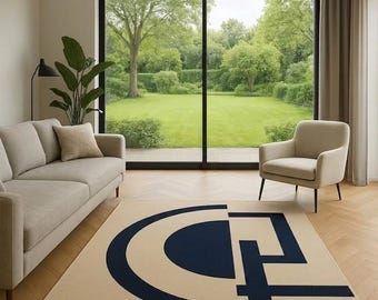 Modern geometrisch tapijt uit het midden van de eeuw, marineblauw en beige handgetuft tapijt, Bauhaus-minimalistisch tapijt voor woonkamer op maat gemaakt tapijt.