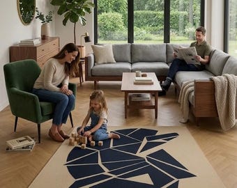 Handgetuft geometrisch tapijt marineblauw en crème abstract modern minimalistisch vloerkleed voor slaapkamer woonkamer eigentijds getuft tapijt.