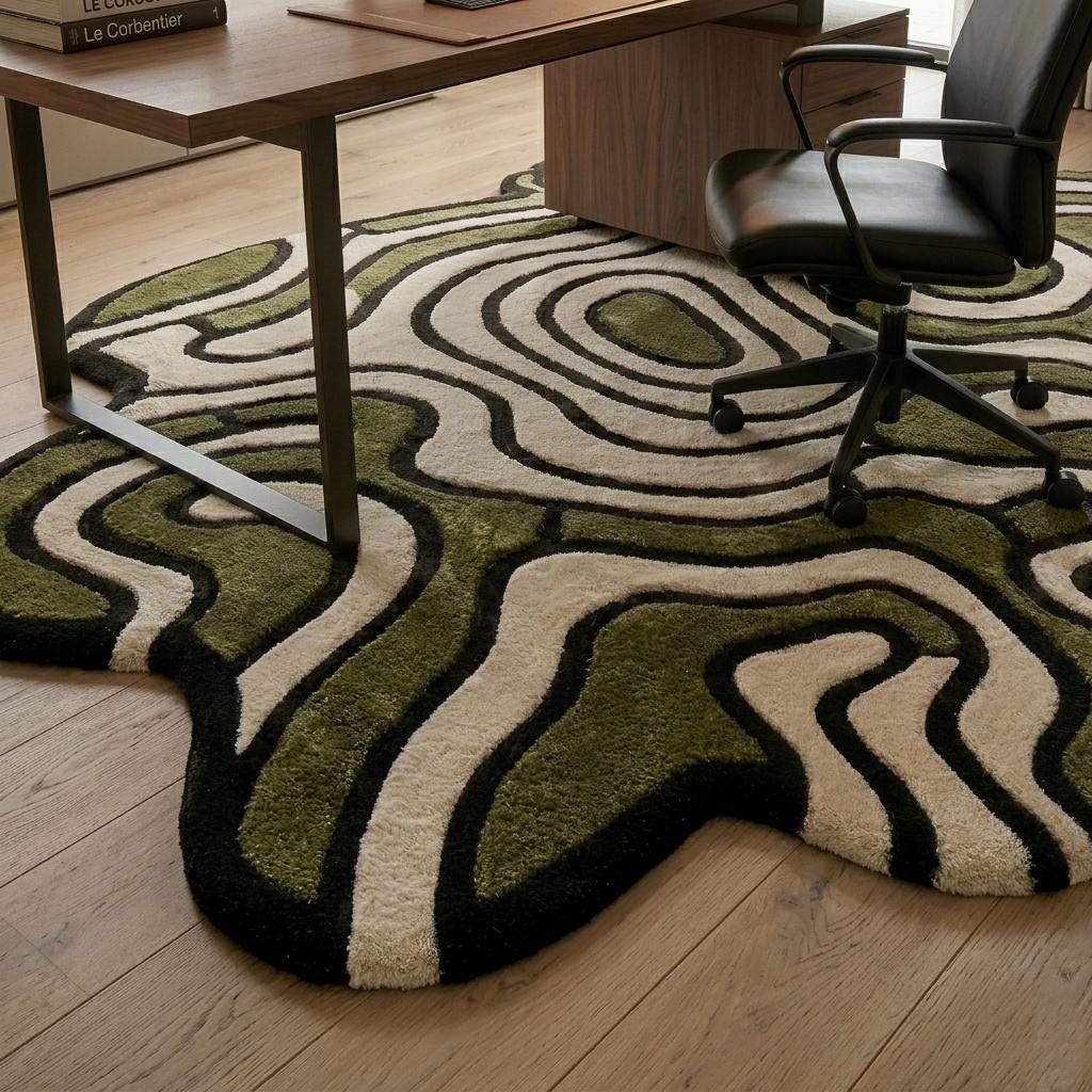 Abstract Wavy Line Rug Olive Green & Cream | Hand Tufted Unique Shape ...