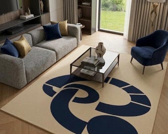 Modern abstract vloerkleed, marineblauw en beige vloerkleed, handgetuft minimalistisch wollen tapijt, grote woonkamervloerdecor, geometrisch kinderkamertapijt.