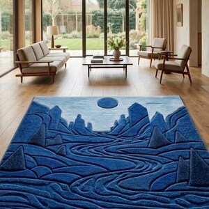 Dywan 3D Blue Ocean Wave, ręcznie tkany, nowoczesny, abstrakcyjny dywan topograficzny do salonu, wykonany z wysokiej jakości indyjskiej wełny, o minimalistycznym wystroju w stylu nadmorskim.