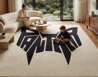 Handgetuft vloerkleed met grafische typografie zwart-wit edgy slaapkamertapijt modern streetwear kamerdecor Custom cool tapijt voor tienerjongens