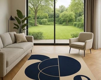 Halverwege de eeuw modern geometrisch vloerkleed handgetuft abstract marineblauw beige vloerkleed minimalistisch slaapkamertapijt eigentijds woonkamertapijt.