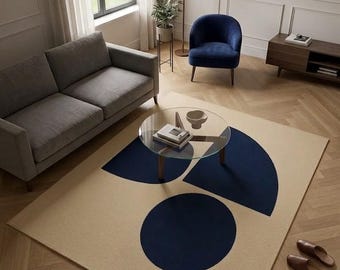 Modern tapijt uit het midden van de eeuw handgetuft marineblauw beige geometrisch vloerkleed abstract minimalistisch tapijt voor decoratie woonkamer slaapkamer.