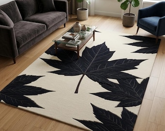 Handgetuft tapijt esdoornblad, zwart-wit botanisch tapijt, custom herfstdecor tapijt, modern, op de natuur geïnspireerd getuft tapijt voor woonkamer.