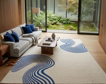 Modern minimalistisch handgetuft vloerkleed crème en blauw golvend abstract ontwerp moderne woonkamer slaapkamer decor op maat gemaakte tapijten.