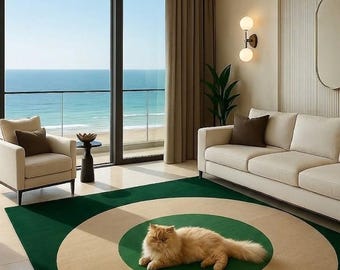 Smaragdgroen geometrisch vloerkleed, halverwege de eeuw modern cirkelvormig patroon handgetuft wollen tapijt voor woonkamer minimalistisch decor op maat gemaakt vloerkleed.