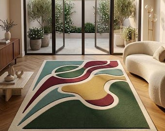 Hand Tufted Abstract Area Rug, Modern Organic Shapes Living Room Carpet, Mid Century Modern Decor, Colorful Wool Rug for Bedroom, Custom Rug