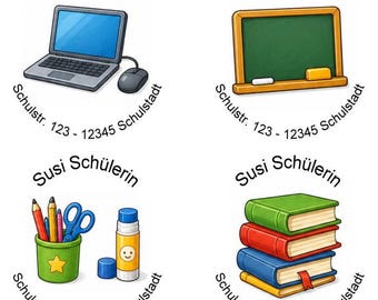 24 etiquetas/pegatinas redondas para direcciones, con motivos escolares.