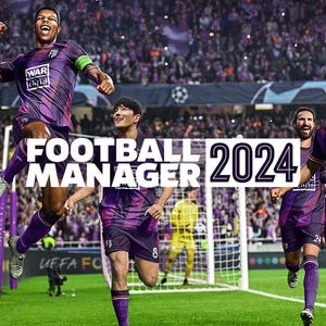 Puede incluir: Imagen de un partido de fútbol con jugadores en uniformes morados celebrando. El texto "FOOTBALL MANAGER 2024" se muestra de forma destacada. El fondo muestra un estadio lleno de gente.