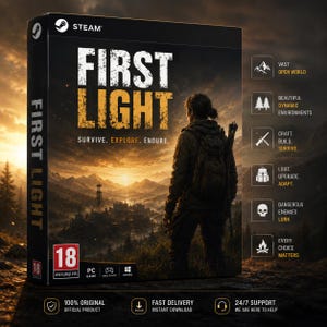Pode incluir: Caixa do jogo "First Light" para PC, com o logotipo Steam. A imagem mostra uma mulher num cenário pós-apocalíptico. Texto: "Survive. Explore. Endure."
