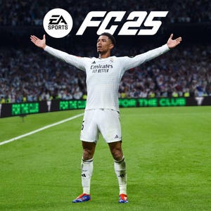 Pode incluir: Um jogador de futebol com uniforme branco com o texto "Emirates Fly Better" e o número 5, em pé em um campo verde com os braços abertos. O logotipo da EA Sports e "FC25" estão no fundo.