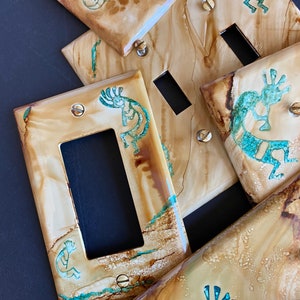 Kokopelli, Petroglyphs, Rock Art Figures, Bison, Geckos, Bear, Pronghorn. Southwest Turquoise Veins Switch Plates - Hand Painted