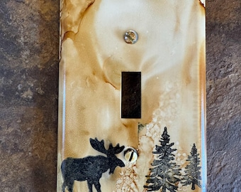 Moose Trees Nature Woodsy  Rustic Cabin Wildlife Switch Plate - Hand Painted - Wall Decor