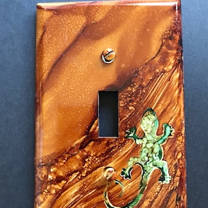 Gecko, Turquoise & Desert Sandstone Switch Plate - Hand Painted Wall Decor - Single Toggle Switch Plate