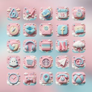 Könnte beinhalten: Eine Sammlung von fünfundzwanzig 3D-App-Symbolen in einer pastellfarbenen rosa und blauen Farbpalette. Die Symbole zeigen verschiedene Motive wie einen Kompass, einen Kalender, eine Kamera, Kopfhörer, einen Gamecontroller und Social-Media-Logos.