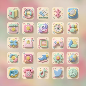 May include: A collection of twenty-five square app icons featuring a 3D clay-like aesthetic in pastel colors. The icons display various symbols including a book, headphones, the Binance logo, Bluetooth, a globe, calendar, camera, clock, and social media logos.