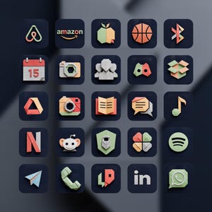 May include: A grid of twenty-five square app icons featuring stylized, folded paper-like designs in muted orange, green, and grey tones. The icons represent various digital platforms, including Amazon, a calendar with the number 15, and social media logos.