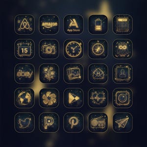 May include: A grid of twenty-five square app icons featuring gold line art designs on a dark background. The icons display various symbols including logos for Amazon, eBay, and the App Store, alongside icons for a camera, clock, owl, globe, and radio.