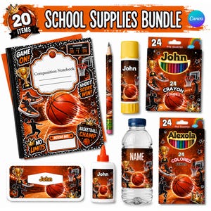 Könnte beinhalten: Ein 20-teiliges Schulbedarfs-Set mit Basketball-Motiven. Enthält ein Notizbuch, einen Bleistift, einen Klebestift, eine Wasserflasche, zwei Packungen mit 24 Buntstiften und ein Federmäppchen, alle mit Basketball- und Pokal-Grafiken verziert.