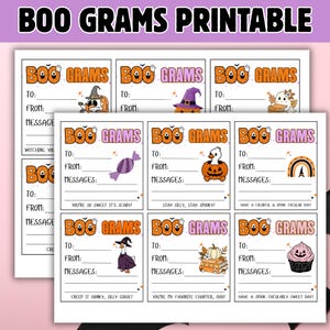 Puede incluir: Una hoja imprimible de tarjetas Boo Grams con ilustraciones temáticas de Halloween que incluyen fantasmas, calabazas, dulces y gansos. Cada tarjeta tiene campos para To, From y Message, con textos como You're so sweet it's scary y Stay silly, stay spooky.