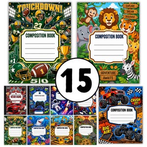 May include: A collection of fifteen composition books featuring various colourful graphic themes including football, jungle animals, space, race cars, video games, construction vehicles, dinosaurs, and monster trucks, each with a central label area.