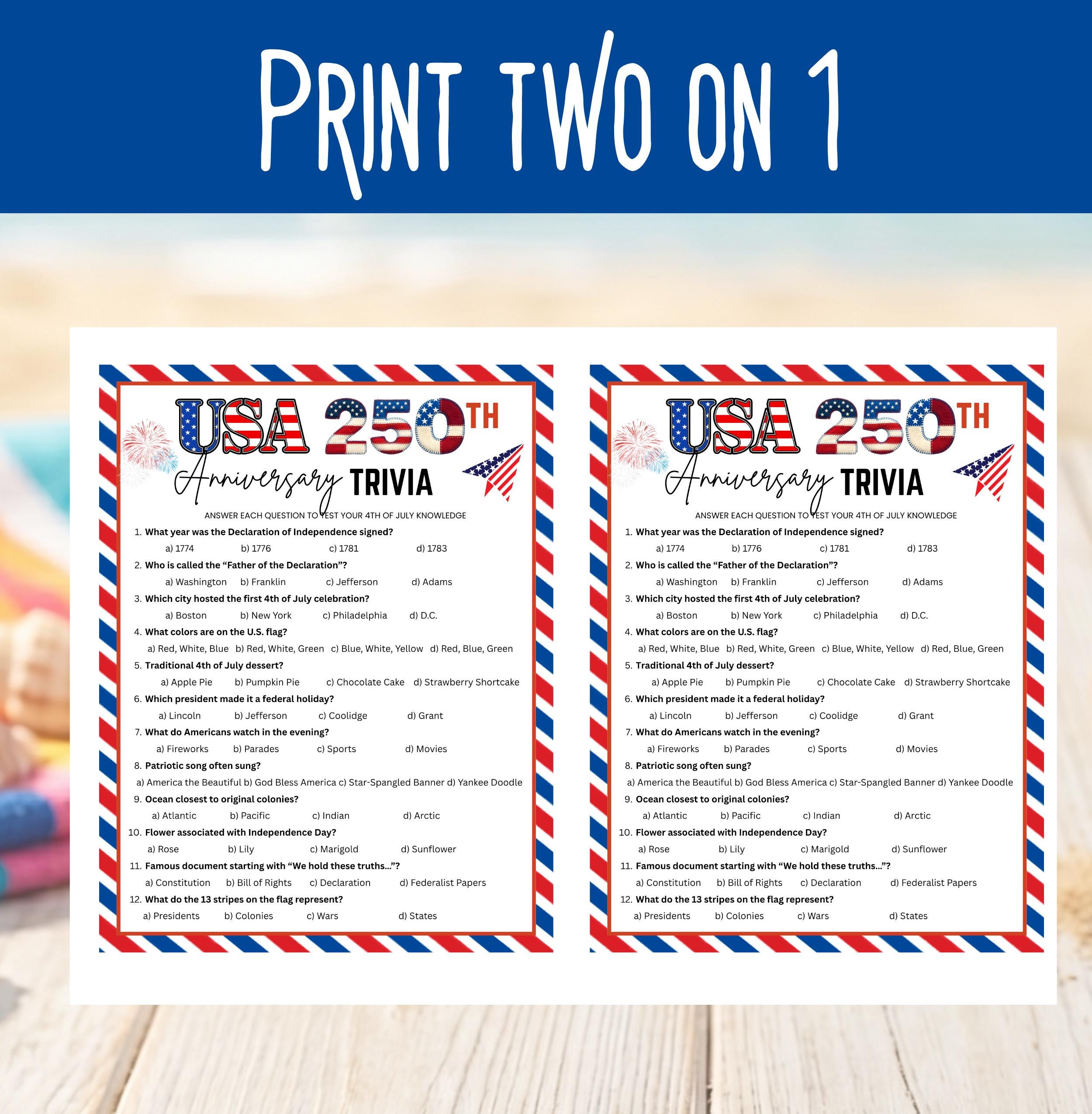 USA 250th Anniversary Trivia Game Printable, Patriotic 4th of July ...