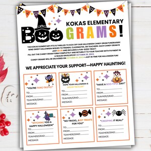 Puede incluir: Un folleto blanco para Kokas Elementary Boo Grams con banderines naranjas y morados, un sombrero de bruja y gráficos de calabazas. Incluye instrucciones y seis secciones rectangulares con ilustraciones de Halloween y líneas.
