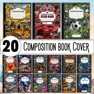 May include: A collection of 20 composition book covers featuring diverse themes including construction vehicles, race cars, soccer, basketball, football, monster trucks, dragons, dinosaurs, robots, skateboarding, space, monsters, BMX, pirates, and gaming.