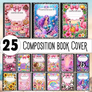 Op de afbeelding: Een collectie van 25 schriftenkaften met diverse kleurrijke illustraties, waaronder zeemeerminnen, flamingo's, puppy's, panda's, zonnebloemen en diverse snoepjes. Elke kaft heeft een wit labelveld met de tekst COMPOSITION BOOK.