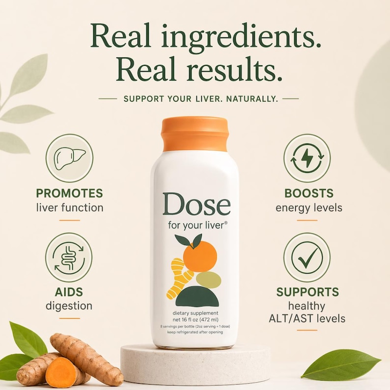 May include: A white bottle of "Dose for your liver" dietary supplement with an orange cap and a fruit illustration. The image includes text that reads "Real ingredients. Real results." and highlights benefits like promoting liver function and boosting energy levels. The bottle contains 16 fl oz (472 ml).