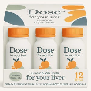 May include: A white box set containing three small white bottles with orange caps. Each bottle is labeled "Dose for your liver" with a graphic of an orange fruit. The box reads "Turmeric & Milk Thistle for your liver" and "12 bottles".